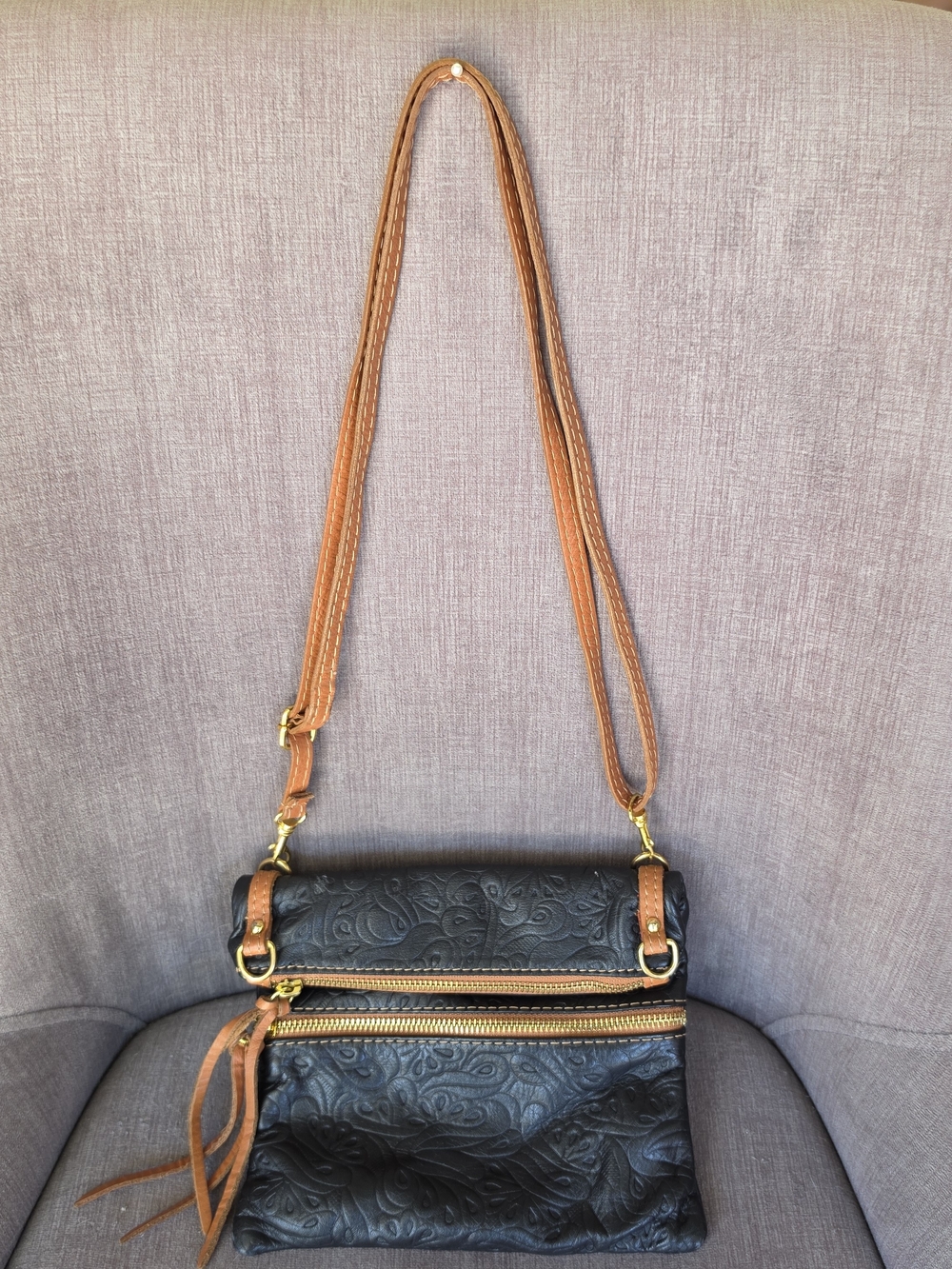 Italian Genuine Leather Embossed Crossbody Bag – Black & Cognac